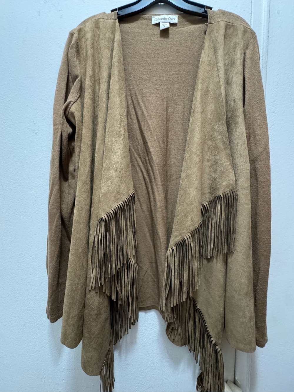 Coldwater Creek Camel Fringe Suede-Look Draped Cardigan Large